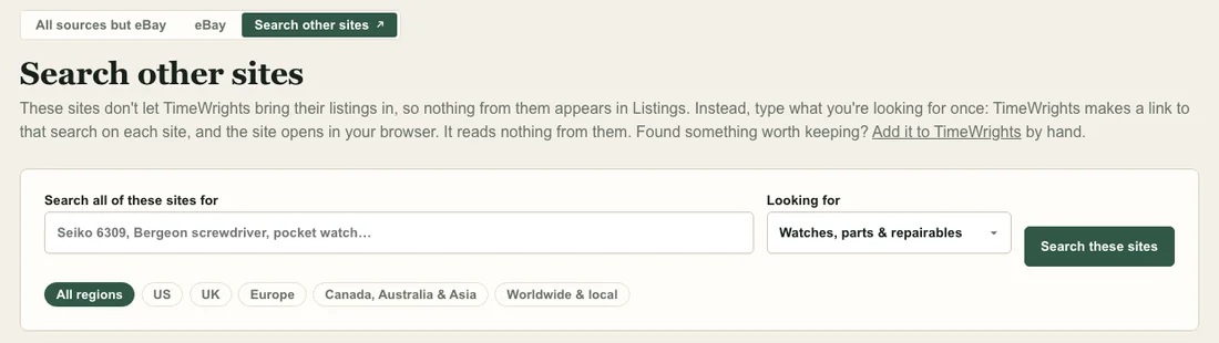 Search other sites: one search box, a choice of watches, parts and repairables or tools, and regions from the US and UK to Europe, Canada, Australia and Asia