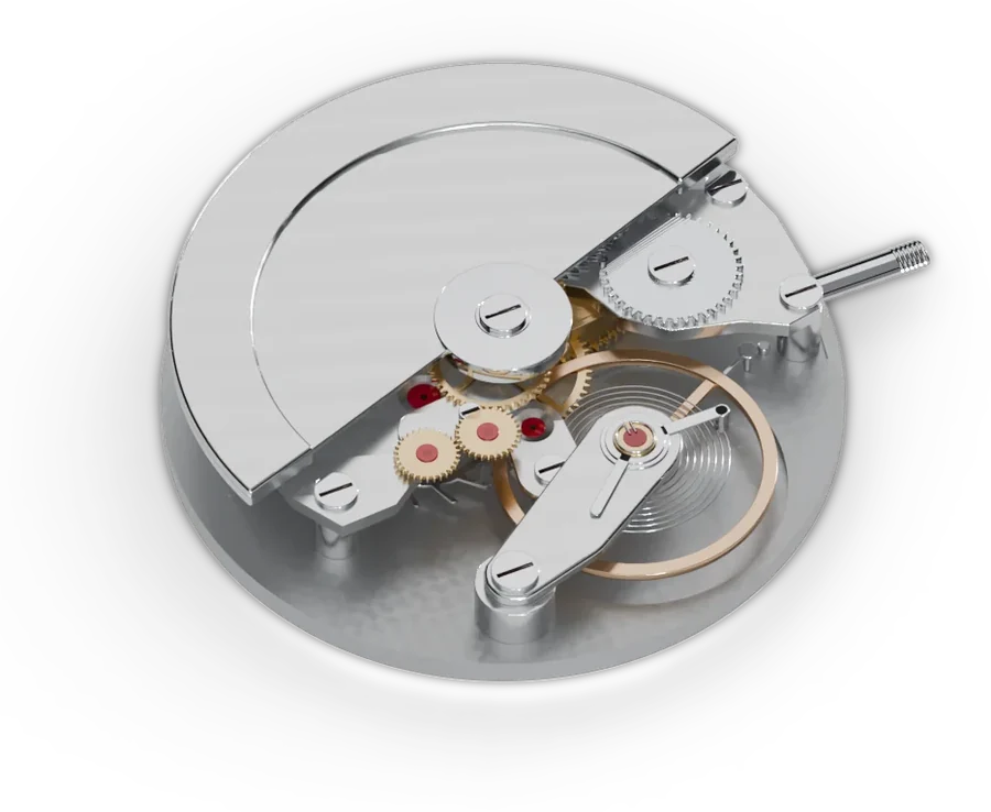 A 3D render of the ETA 2671 from the rotor side, with its rotor, train wheels and balance