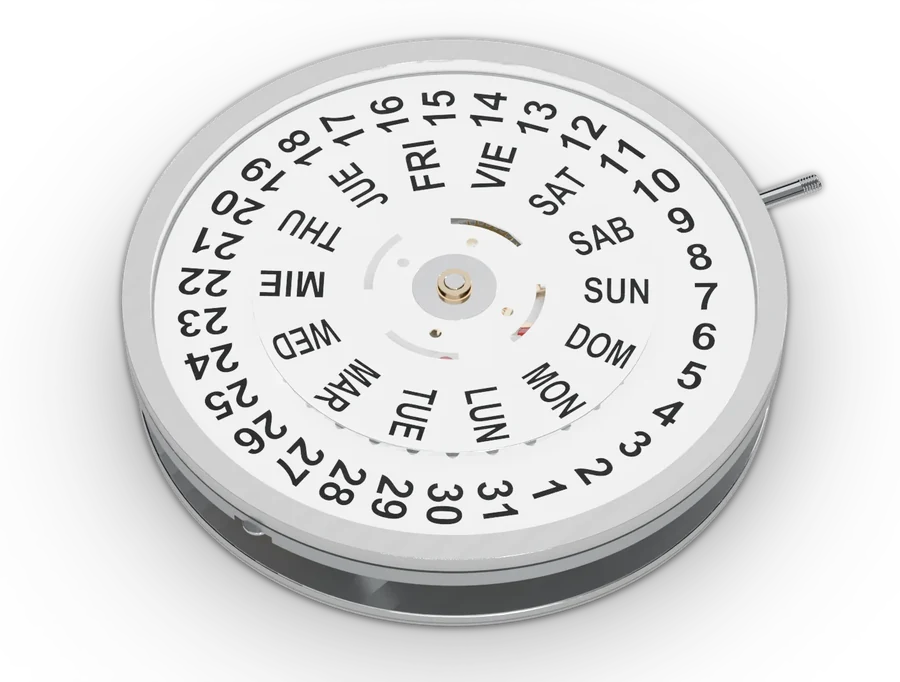 A 3D render of the Seiko NH36 from the dial side, showing its day disc and date ring