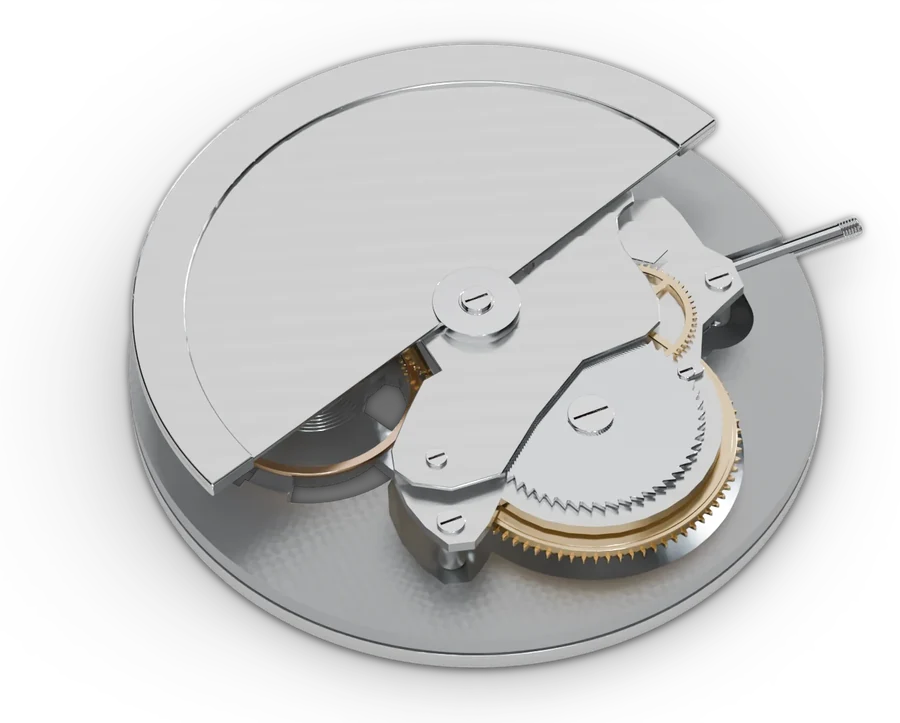 A 3D render of the Seiko NH38 from the rotor side, with its rotor, train wheels and balance